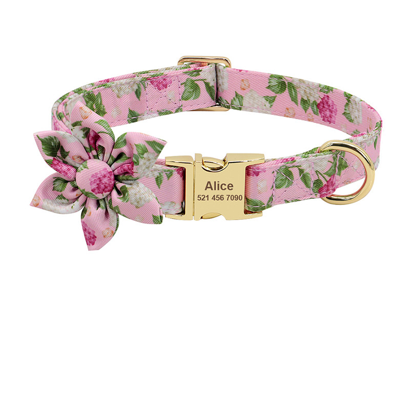 Floral Elegance: Custom-Engraved Dog Collar with ID Tag