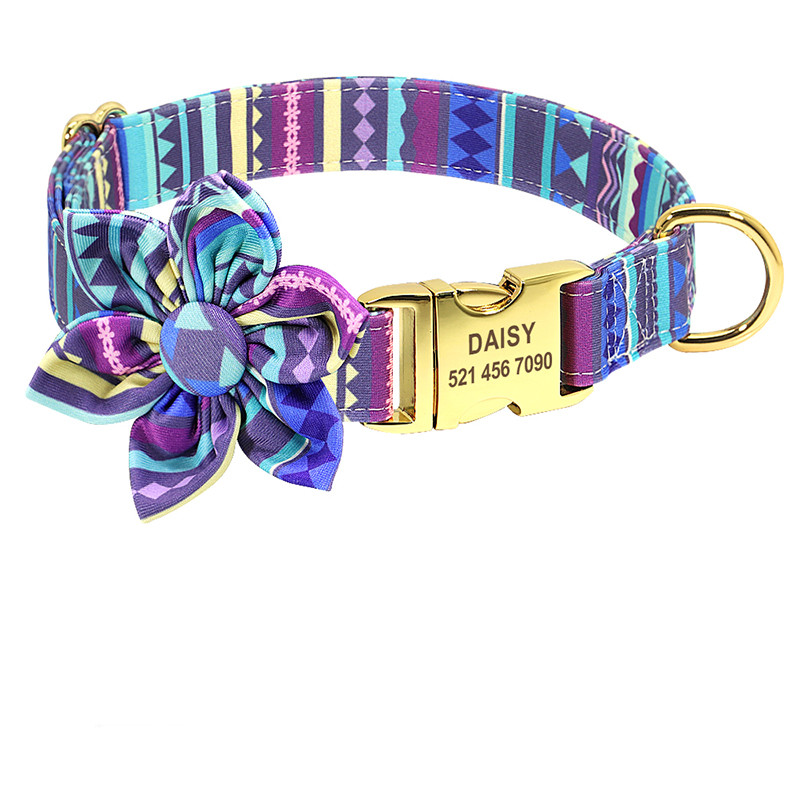 Floral Elegance: Custom-Engraved Dog Collar with ID Tag