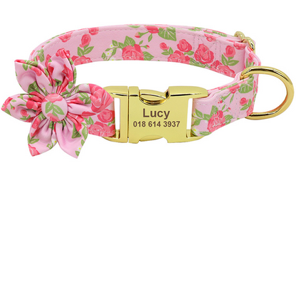 Floral Elegance: Custom-Engraved Dog Collar with ID Tag