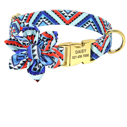 Floral Elegance: Custom-Engraved Dog Collar with ID Tag