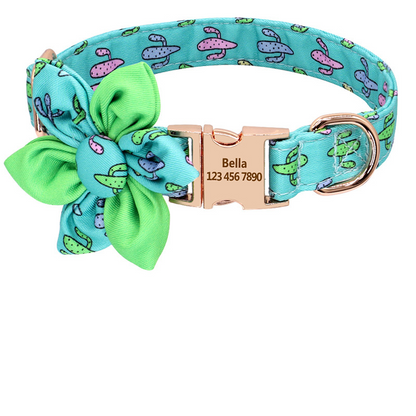 Floral Elegance: Custom-Engraved Dog Collar with ID Tag