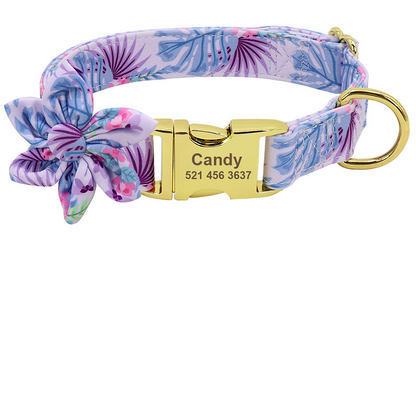 Floral Elegance: Custom-Engraved Dog Collar with ID Tag