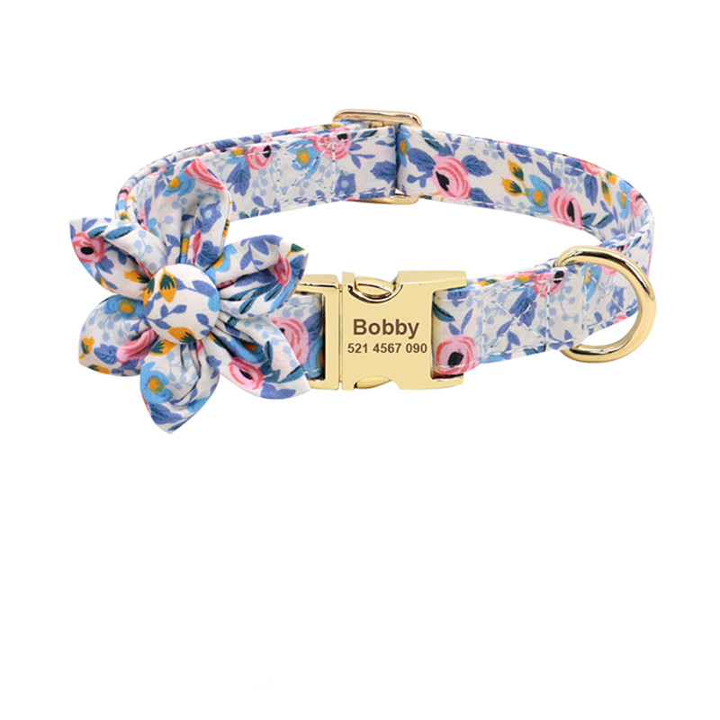 Floral Elegance: Custom-Engraved Dog Collar with ID Tag