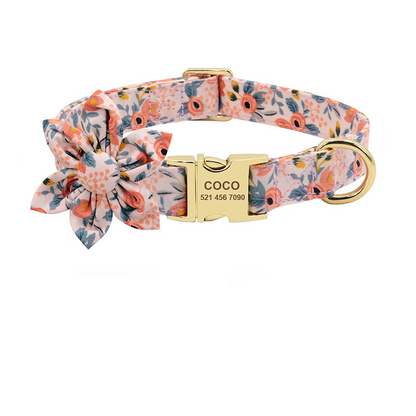 Floral Elegance: Custom-Engraved Dog Collar with ID Tag