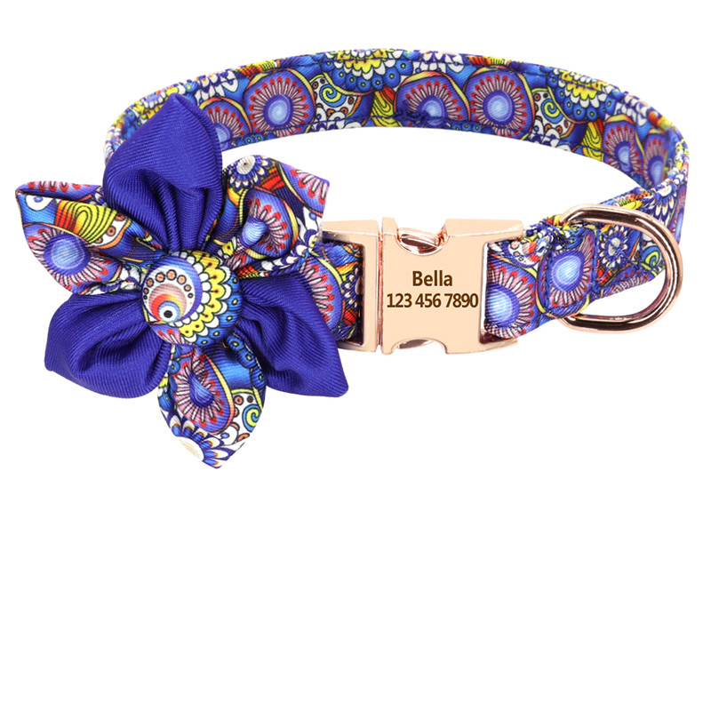 Floral Elegance: Custom-Engraved Dog Collar with ID Tag