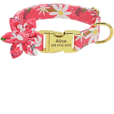 Floral Elegance: Custom-Engraved Dog Collar with ID Tag