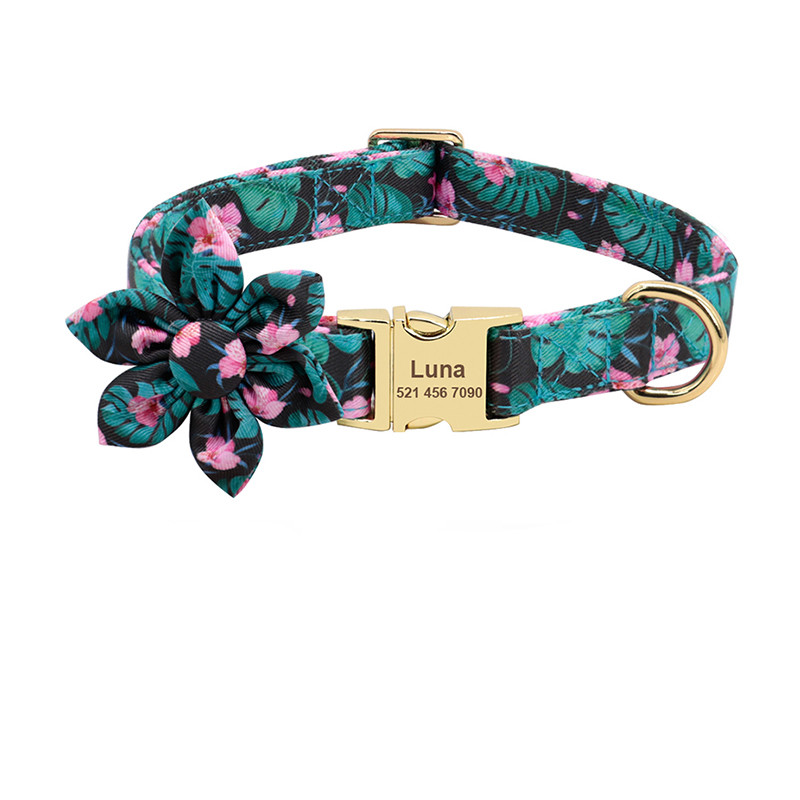 Floral Elegance: Custom-Engraved Dog Collar with ID Tag