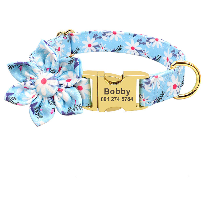 Floral Elegance: Custom-Engraved Dog Collar with ID Tag