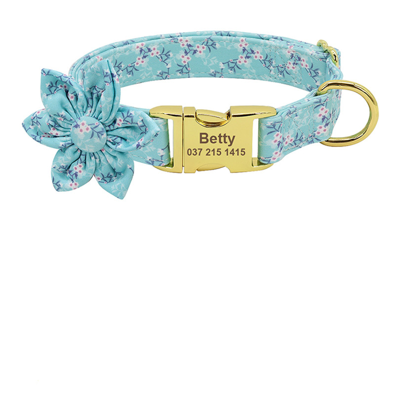 Floral Elegance: Custom-Engraved Dog Collar with ID Tag