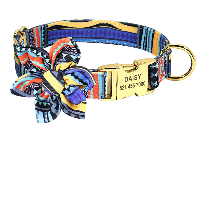 Floral Elegance: Custom-Engraved Dog Collar with ID Tag